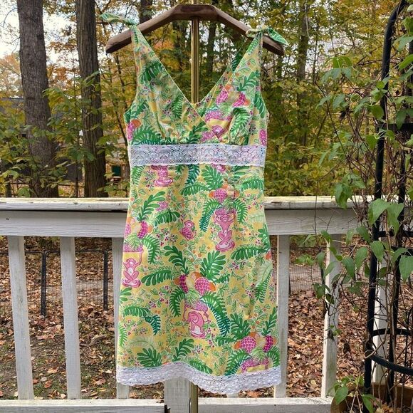 Vintage 00s Lilly Pulitzer Yellow Pink Cotton Sundress - Picture 2 of 6